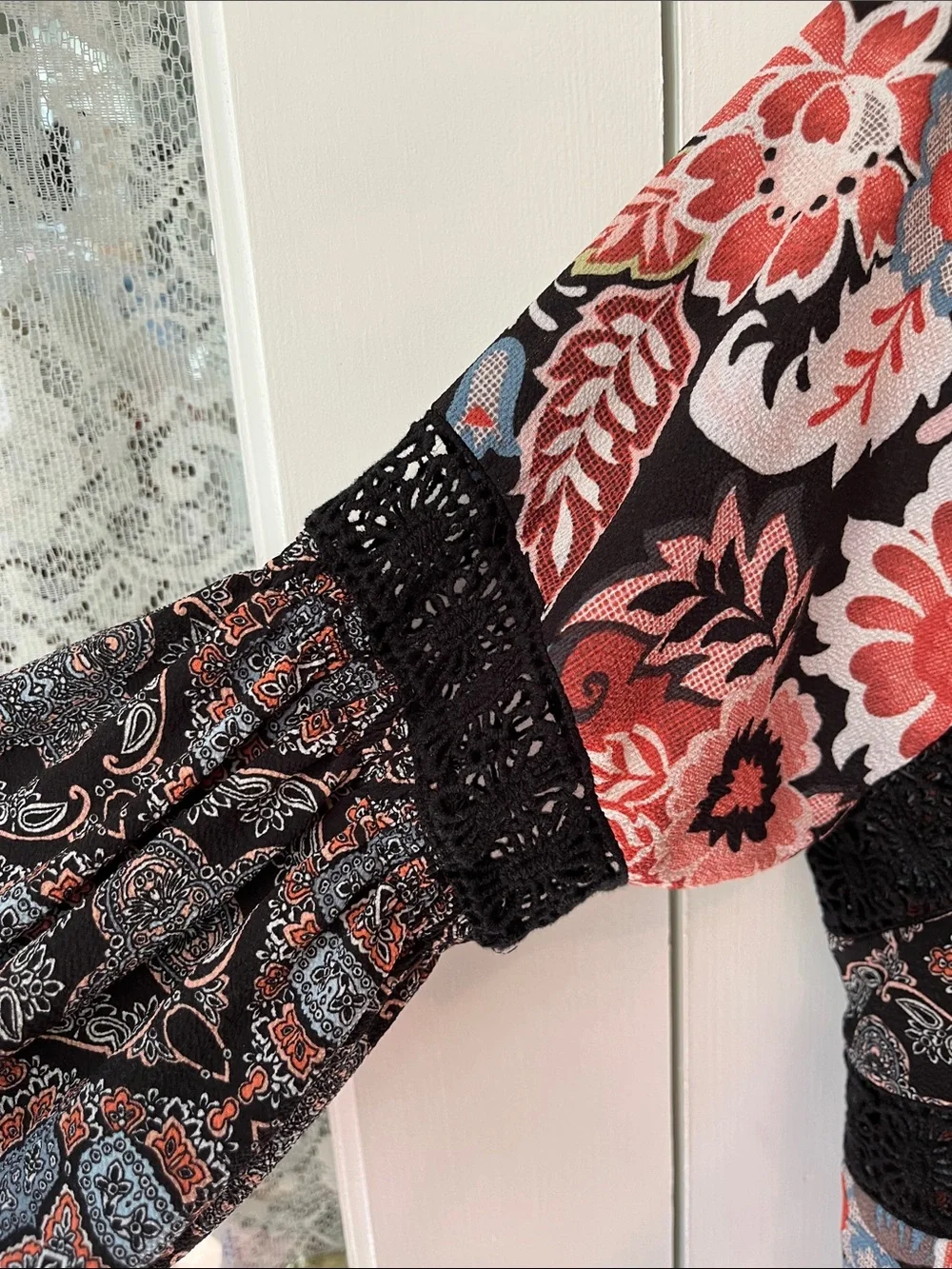 Boho Floral Peasant Blouse in Black and Coral